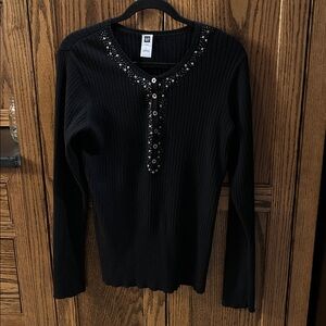 Vintage GAP Angora Henley Sweater Womens Black‎ Ribbed Beaded Cotton Wool Large